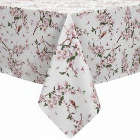 Tafelzeil Restant Cherryblossom Birds met een wit patroon van roze kersenbloesem en vogels op takken, strak over een tafel gedrapeerd.