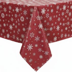 Rood tafelzeil met witte sneeuwvlokken, geschikt voor kerstdecoratie, waterafstotend en duurzaam.