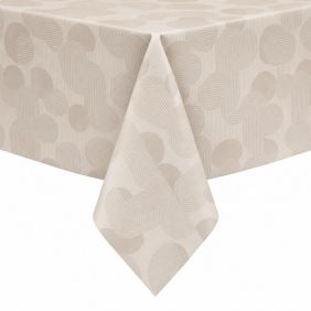 Tafelzeil Cirkels Beige met een abstract patroon van lijnen en cirkels in zachte beige tinten, strak over een tafel gedrapeerd voor een strakke look.