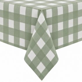Tafelzeil Grote Ruit Groen met een wit en groen geblokt patroon, strak over een tafel gedrapeerd voor een nette en beschermende uitstraling.
