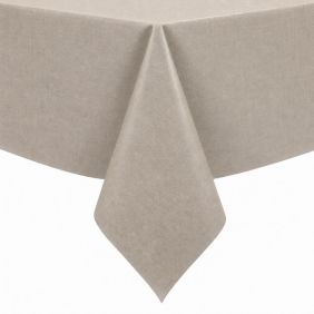 Tafelzeil Groblad Beige 180cm met een effen beige kleur en een subtiele textuur, gedrapeerd over een hoek van een tafel voor een strakke presentatie.