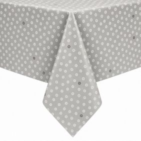 Grijs tafelzeil Dotti Earl Grey met een wit stippenpatroon, strak over een tafel gedrapeerd voor een nette presentatie van het product.