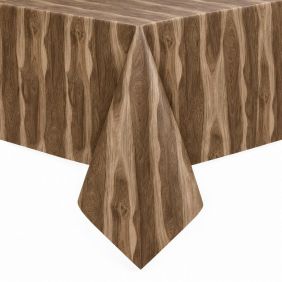 Tafelzeil Notenhout Bruin met een realistisch houtnerfpatroon, strak over een tafel gedrapeerd voor een natuurlijke uitstraling in het interieur.