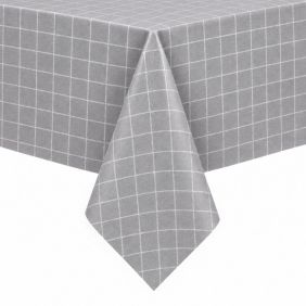 Tafelzeil Karo Grijs Effects met een subtiel wit ruitpatroon, strak over een tafel gedrapeerd voor een moderne en beschermende uitstraling.