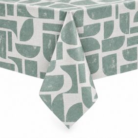 Tafelzeil Manu in grijsgroen met een abstract geometrisch patroon, strak over een tafel gedrapeerd voor een moderne uitstraling in het interieur.