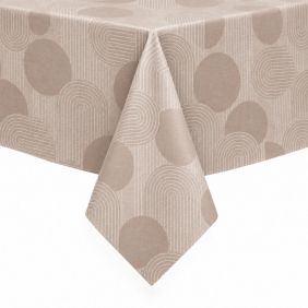 Beige tafelzeil met een modern patroon van cirkels en lijnen, strak over een tafel gedrapeerd voor een stijlvolle en beschermende uitstraling.