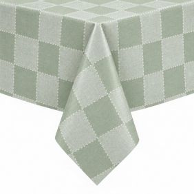 Tafelzeil Weaver Groen Effects met een groen geblokt ruitpatroon en witte stikseldetails, strak over een hoek van een tafel gedrapeerd.