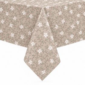 Tafelzeil Secret Garden Beige Effects met een beige ondergrond en een subtiel patroon van witte bloemetjes en groene blaadjes over de hele stof.