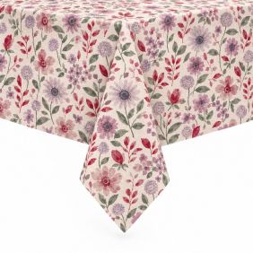 Tafelzeil Juliana Lila Effects met een kleurrijk bloemenpatroon in roze, paarse en groene tinten op een lichtgekleurde, textielachtige ondergrond.