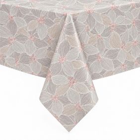 Tafelzeil Bloesem Grijs Effects met een elegant bloemenpatroon in grijstinten en zachte roze accenten, gedrapeerd over een tafelblad.