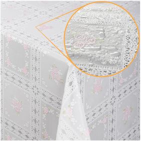 Tafelzeil in wit met roze rozen en kantafwerking, geschikt voor tafelbescherming en decoratie.